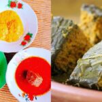 Kue lapis tradisional Indonesia terbuat dari daun dan dihidangkan dengan sambal pedas serta saus kunir yang kaya rasa.