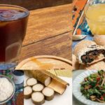 Minuman dingin dan hidangan khas, termasuk es kopi, kue isi, dan tumisan sayuran, menggugah selera kuliner lokal.