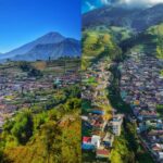 Pemandangan kota di lereng gunung dengan rumah berwarna-warni dan ladang hijau yang subur di latar belakang pegunungan.