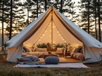 Tenda glamping berhiaskan lampu hias, menyuguhkan kenyamanan dengan sofa dan tanaman hijau di tengah hutan yang tenang.