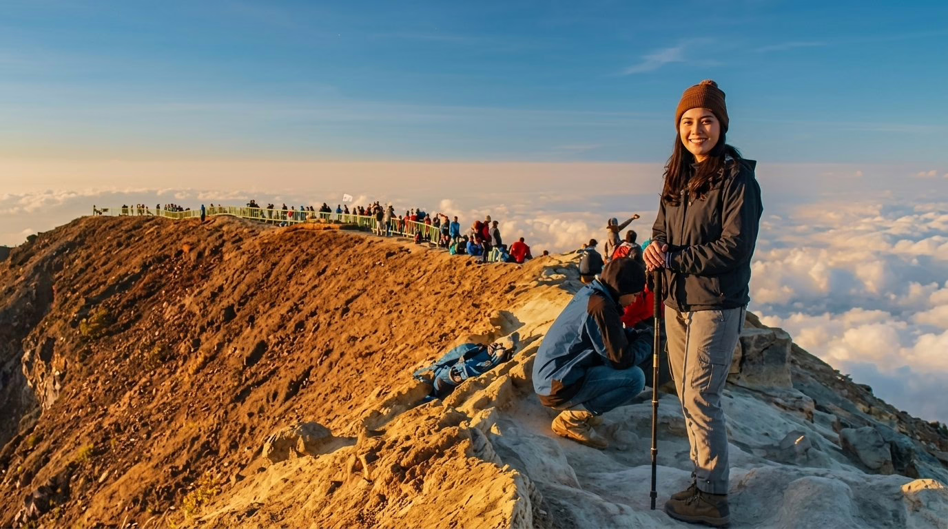 Kannaya Nareswari menikmati pemandangan indah di puncak gunung, dikelilingi oleh awan dan teman-teman yang tengah beristirahat.